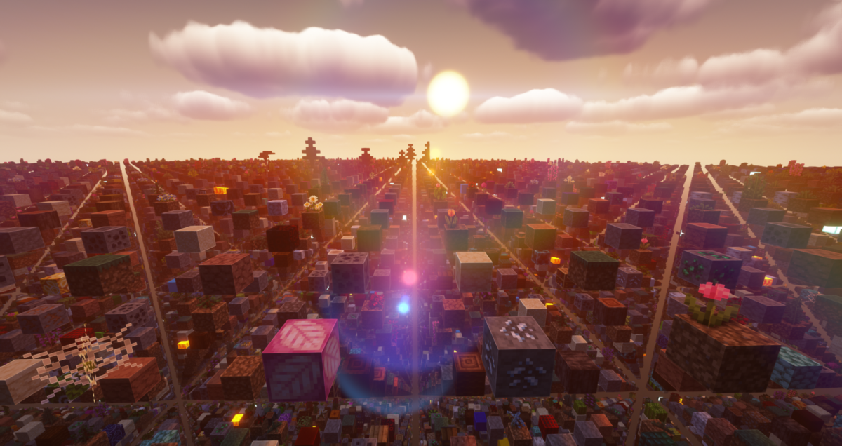 A screenshot of individual minecraft blocks spaced evenly apart in a grid patter stretches into a sunrise in the distance
