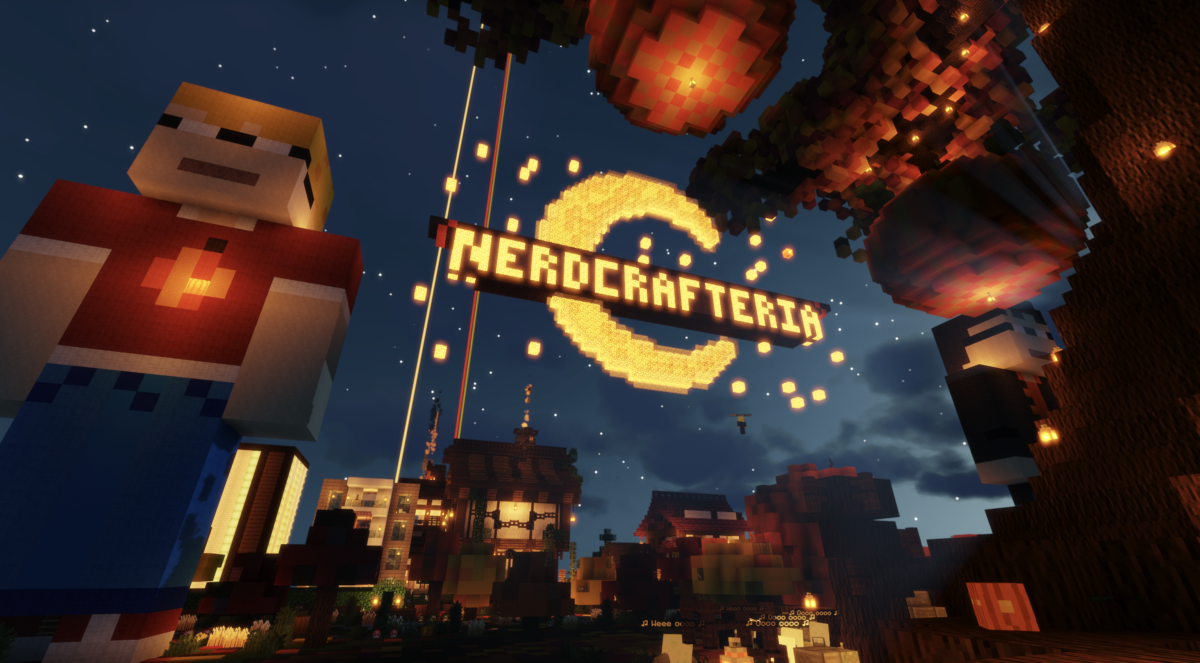 A glowing nerdcrafteria sign against a crescent moon in the night sky, with Hank standing to the left of it, all in minecraft