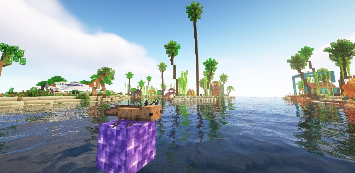 an axolotl sits on a piece of amethyst in a tropical setting