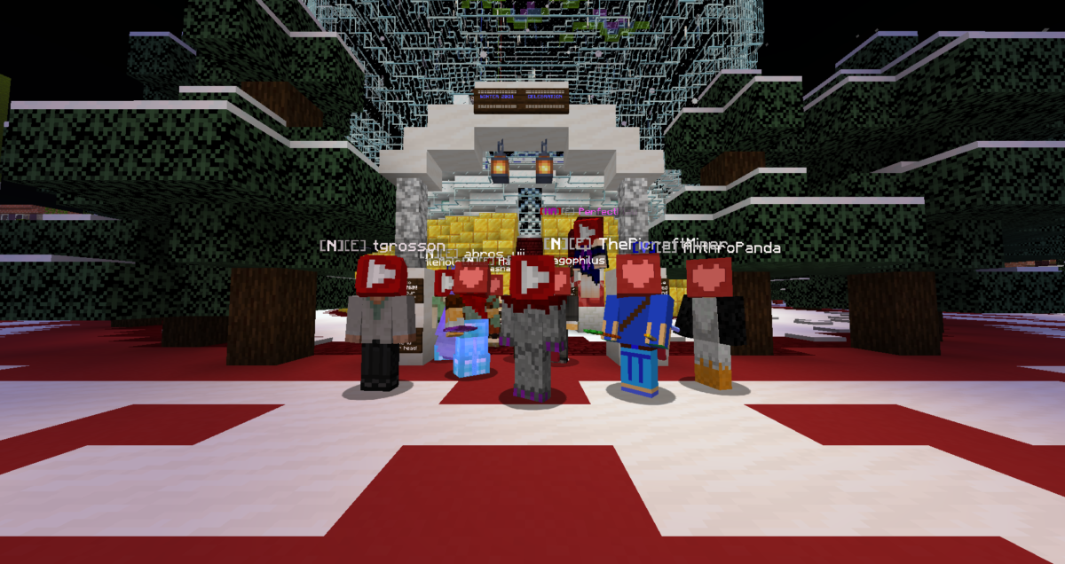 Several minecraft players have the P4A logo on their heads for a selfie