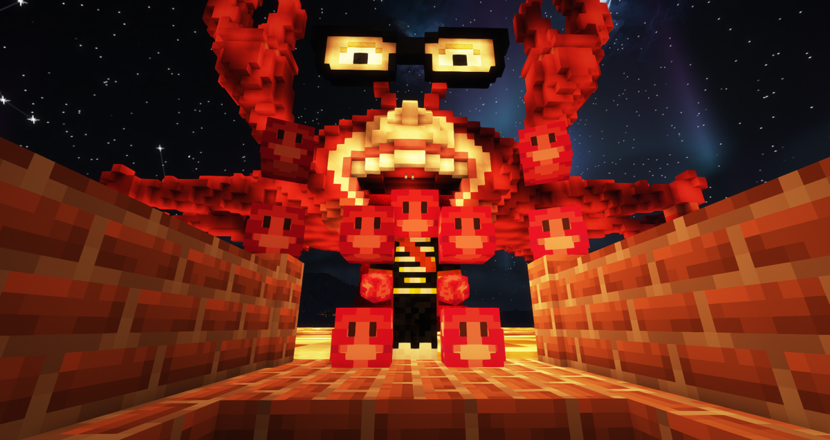 A minecraft player is surrounded by tiny crabs with a giant Crank Green in the background